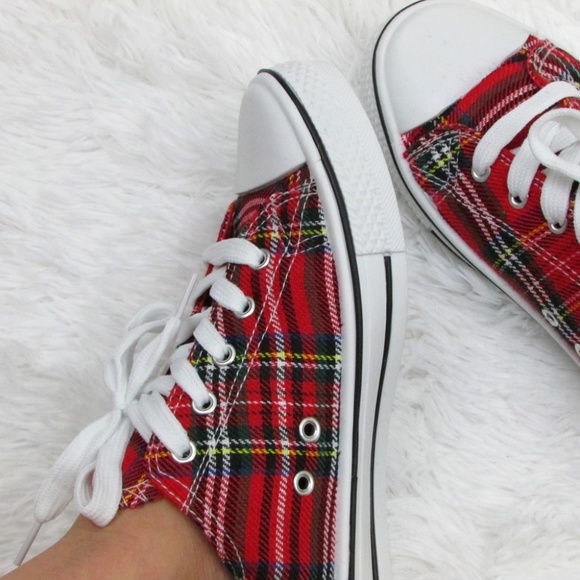 Streetwear Society Red Plaid Canvas Sneakers - Picture 6 of 8